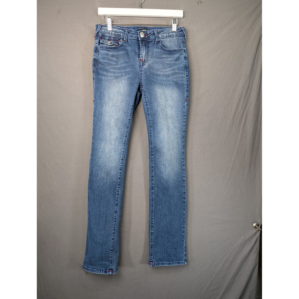 True Religion Billie Mid Rise Straight Jeans Blue Red Stitching Size 27